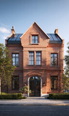 Naklejka premium Elegant red brick house with black window frames and a landscaped exterior.
