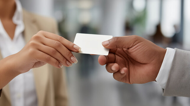 Close-up of businesswoman exchanging business card during a professional meeting, symbolizing networking, communication, and corporate relationships.