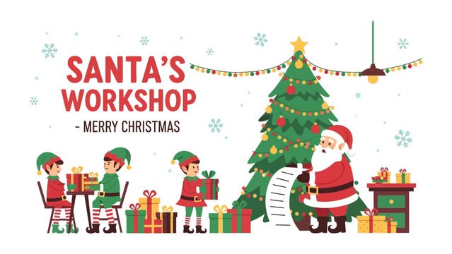 Santa's Workshop: A charming illustration capturing the festive spirit, elves busily preparing gifts near a decorated Christmas tree.