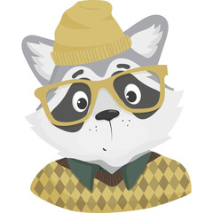 Fototapeta premium A Hipster Raccoon Wearing a Yellow Beanie and Glasses with a Plaid Sweater and Green Collar on a Transparent Background