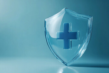 Trustworthy health insurance concept with transparent shield and blue medical cross symbol on light blue background representing protection and care for wellbeing. Copy space	