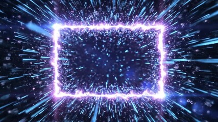 Blue light streak zoom motion in dark space. Abstract tunnel warp speed effect. Fast moving neon particles in futuristic galaxy. - Powered by Adobe