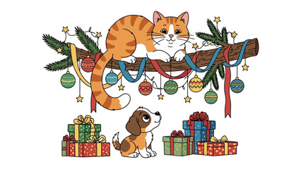 Fototapeta premium Christmas Friends: A heartwarming scene unfolds as a cheerful cat lounges upon a festive branch adorned with ornaments, overlooking a puppy amidst a collection of holiday gifts.
