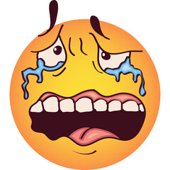 A yellow circular emoticon with a crying face and wide open mouth showing teeth and tongue rendered in a pixel art style against a transparent background 