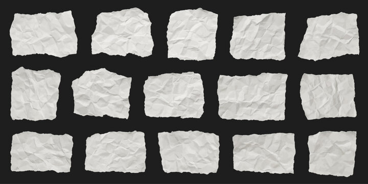 Crumpled white paper scrap texture collection, torn wrinkled note set, ripped creased pieces of sheet isolated on black background