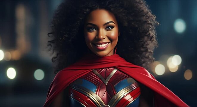 Empowered woman in superhero costume smiling confidently against a bokeh city background
