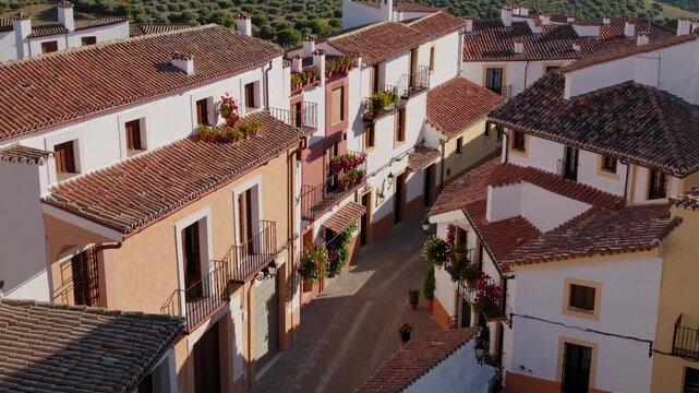 Aerial view of charming village houses with terracotta roofs, captured in warm sunlight. Ideal for a travel video showcasing rustic architecture.