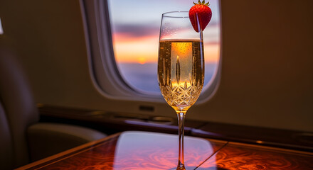 Celebrate success with a glass of champagne on a private jet enjoying the sunset views, perfect for luxury travel and exclusive lifestyle concepts