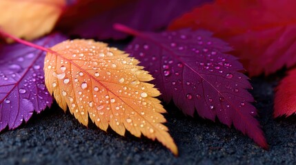 Close-up photo of fallen autumn leaves in vibrant orange and deep purple hues scattered on a dark textured surface glistening with water droplets and tiny sparkles under soft natural light