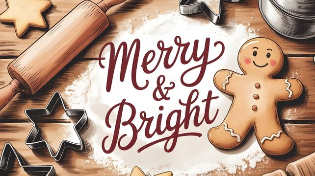 Festive baking scene with gingerbread man, rolling pin, and cookie cutters on a wooden surface, conveying a warm and joyful merry bright holiday message - Powered by Adobe