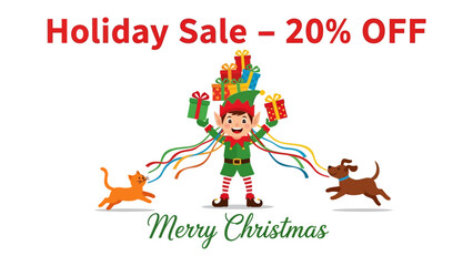 Holiday Sale Celebration: A cheerful elf, holding a bundle of colorful gifts and festive decorations, is surrounded by a playful cat and a happy dog celebrating the joy of the holiday sale.  