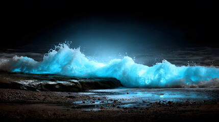 Glowing wave crashing on a sandy shore at night, with mesmerizing water