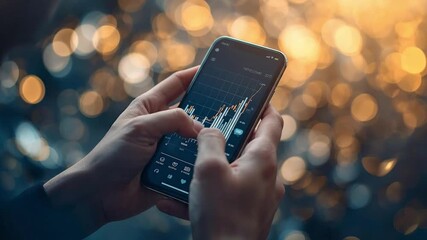 Hands holding a smartphone displaying a financial stock market graph with a blurred bokeh background, symbolizing digital finance, investment, and ... - Powered by Adobe