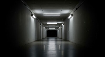 Shadowy hallway scene, Empty industrial corridor reflects