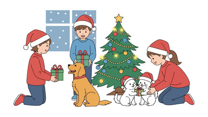Holiday Cheer: A heartwarming scene unfolds as children, donned in festive attire, exchange gifts and share joyful moments with their beloved pets.