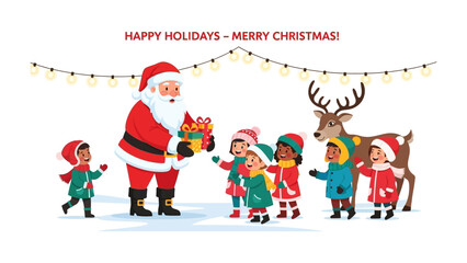 Festive Christmas Scene: Santa Claus, surrounded by a group of delighted children, spreads holiday cheer by distributing gifts under a string of twinkling lights.