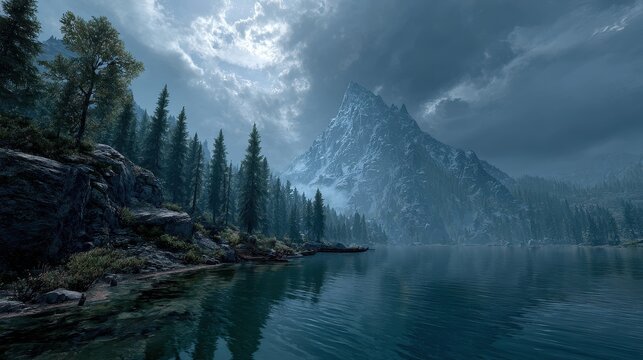 Stunning Landscape Evoking Skyrim: Majestic Mountains and Serene Blue Lake Under a Dark Sky Surrounded by Lush Forests