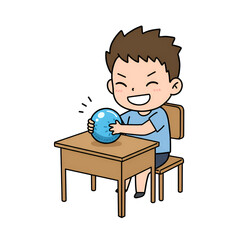 Boy with shiny ball on table illustration