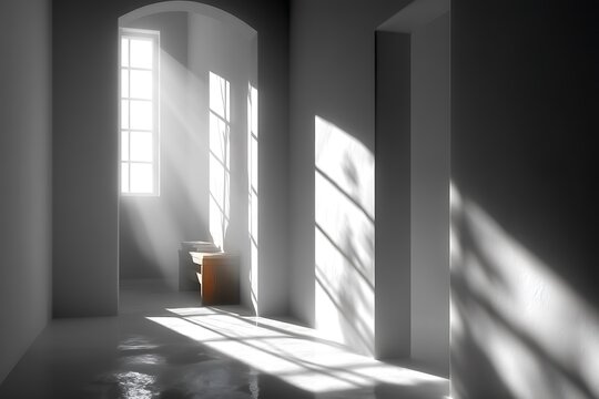 Soft warm light casting geometric window shadows on white minimalist wall, calm balanced composition with large negative space