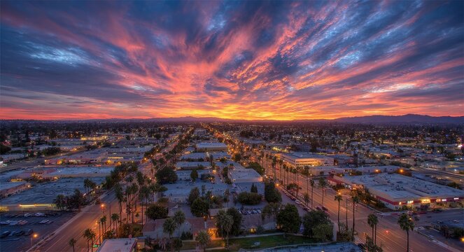 Stunning Sunset Aerial View of Downtown Downey, California: A Vibrant Cityscape Framed by Palm Trees and Architectural Marvels