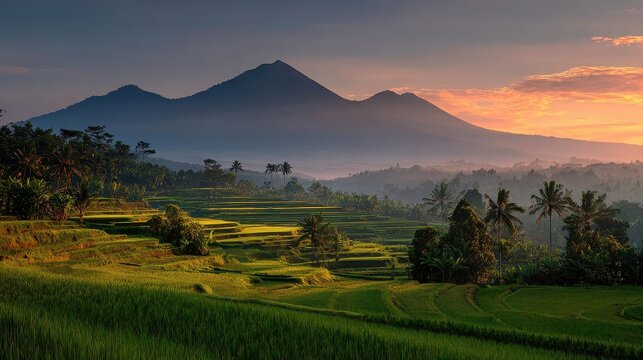 Stunning Sunrise Above Jatiluwih Rice Terraces Framed by Majestic Mount Batukaru and Agung in Tabanan, Bali, Indonesia