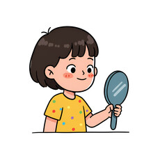 Little girl looking at herself in a hand mirror