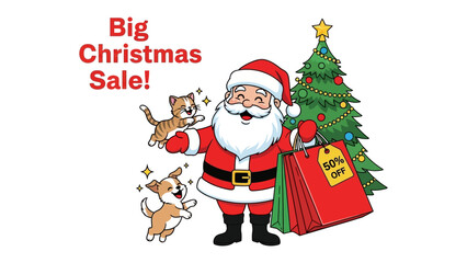 Festive Sales: Santa Claus, embraced by joy and generosity, joyfully showcases a Christmas sale, laden with the spirit of the season