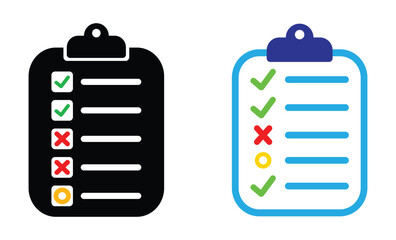 Checklist clipboard vector icon illustration showing report, test, or exam document with check marks and fields, symbolizing schedule, task plan, to-do list, audit form, or completion verification