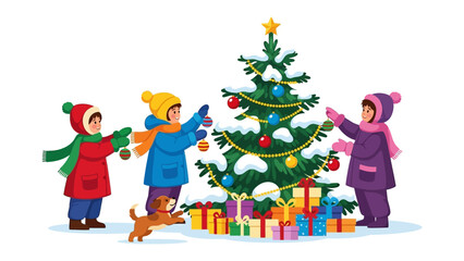 Holiday Cheer: A group of children, bundled in warm winter attire, enthusiastically decorate a Christmas tree, radiating the pure joy of the season.