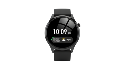 Modern smartwatch displaying time and weather isolated on transparent background