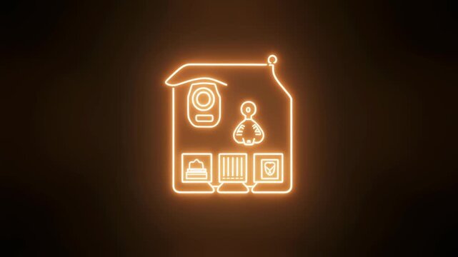 Glowing neon icon representing security systems with a camera and ID card, ideal for cybersecurity, surveillance, or digital identity design project