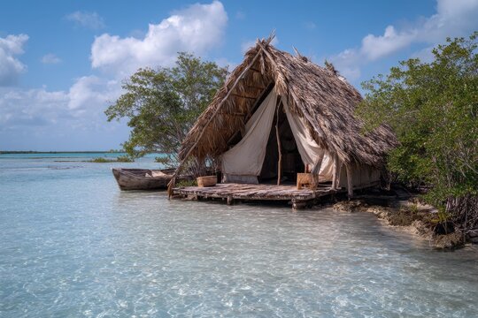 Tranquil Retreat: Tent by the Blue Lagoon in Sian Kaan, Mexico | Close-Up View Captured with Reflex Camera
