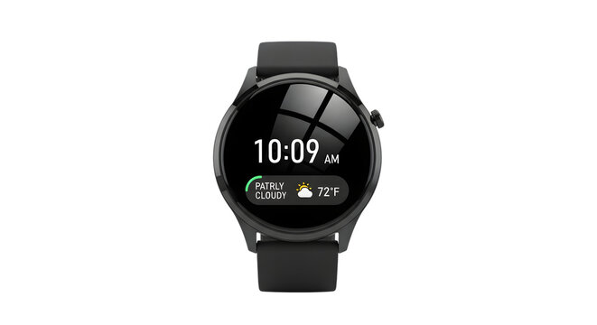 Modern smartwatch displaying time and weather isolated on transparent background