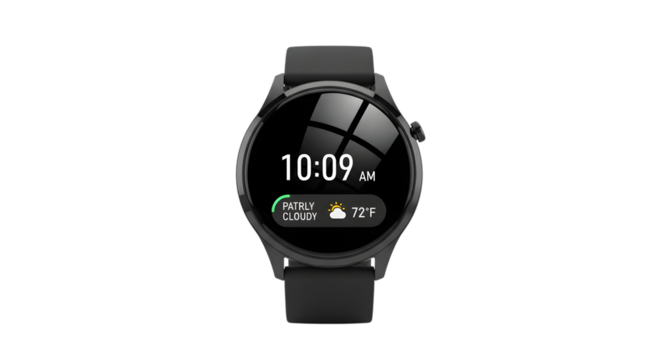 Modern smartwatch displaying time and weather isolated on transparent background - Powered by Adobe