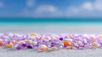 Close-up Macro Photo of Colorful Seashells Scattered on Sandy Beach with Blurry Turquoise Ocean and Blue Sky in Background