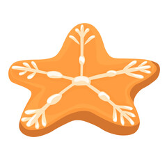 Ginger cookies in the shape of a star with white icing. Christmas dessert. Vector stock illustration. Isolated on a white background.