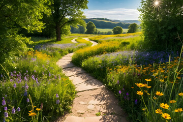 Obraz premium Sunlit path, wildflower meadow sunlight curves through rolling hill, bright bloom and green grass sway gentle breeze inviting calm wanderers