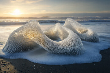 Frozen waves on beach, forming bizarre ice sculptures