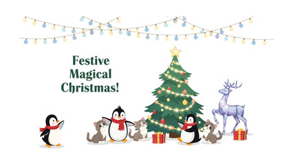 Festive Magical Christmas Scene: A charming illustration captures the magic of the holiday season, with a decorated christmas tree, playful penguins, sparkling fairy lights.