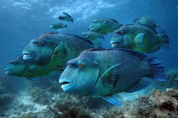 Obraz premium Vibrant School of Bumphead Parrotfish Swimming in Clear Blue Waters of a Vibrant Underwater Ecosystem