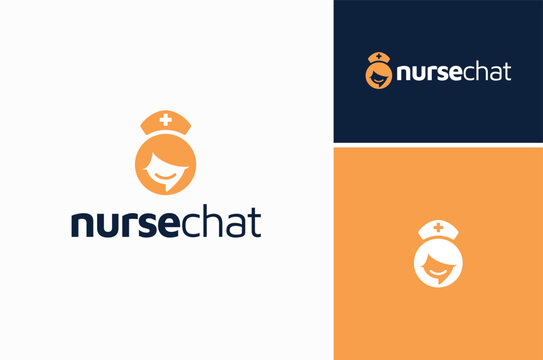 Bubble Chat Nurse Face with Nursing Hat Cap with Pharmacy Cross Symbol for Health Care Assistant App logo