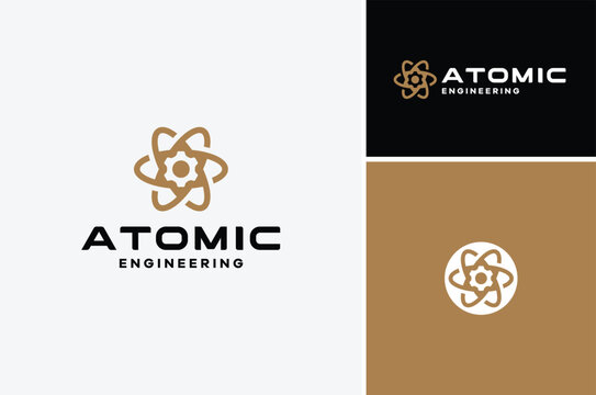 Atom Symbol with Gear Cog Wheel for Science Technology Industry Logo Design