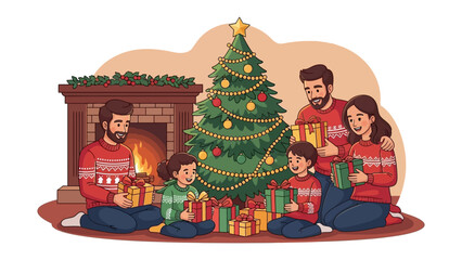 Christmas family gathering: A warm illustration depicts a family's cozy Christmas celebration, gathered around the adorned tree, each family member is enjoying gifts.