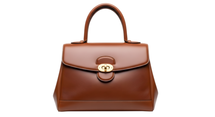 Classic brown leather handbag isolated on transparent background