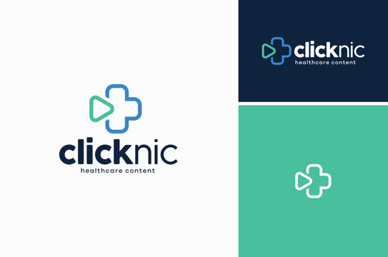 Pharmacy Cross with Triangle Button Play for Doctor Medical Web App Icon Logo Design