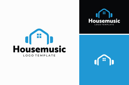 Home House Building with Headphone Earphone Headset for Music Studio Logo Design