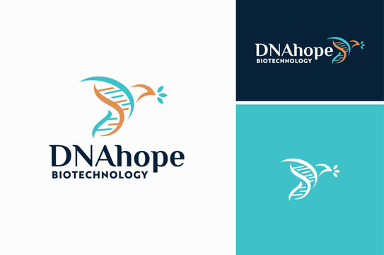 Luxury Pigeon Dove Bird with Leaves and DNA Helix Chains for biology science logo design