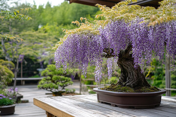 garden filled with blooming wisteria, where bonsai tree with purple flowers takes center stage