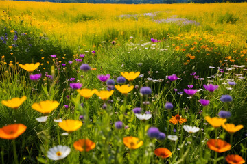 Fototapeta premium Wildflower meadow under sunlight with vibrant bloom, soft focus foreground, summer field, colorful petals, natural beauty, tranquil mood