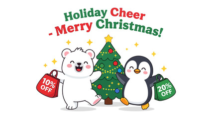 Holiday Cheer: A whimsical illustration of a polar bear and penguin reveling in holiday cheer, holding shopping bags, accompanied by a decorated Christmas tree and festive greeting.